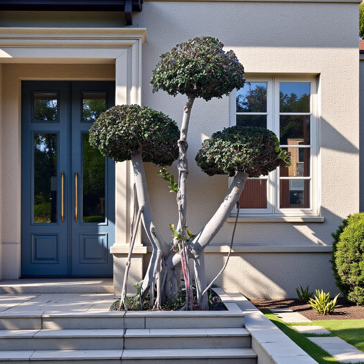 Ficus Microcarpa Bonsai – Three head in Minimalist White Ceramic Pot - PlantsPro UAE